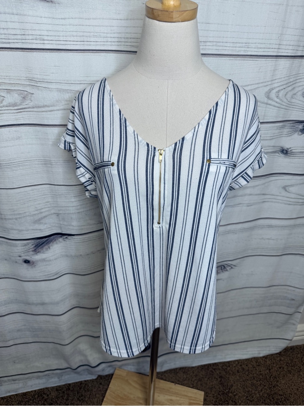 Striped Navy and White Short Sleeve V-Neck Top with Zip Detail